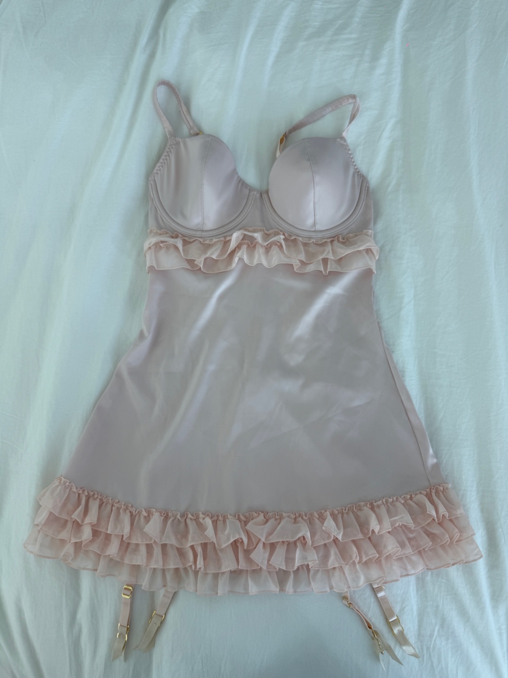 Vintage Victoria’s Secret Bra Slip Ruffled Satin Light Blush Dress 34C